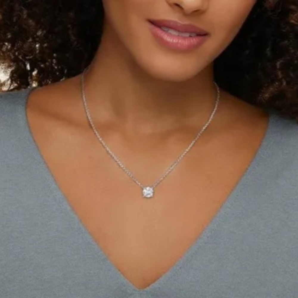 Large Round Crystal Pendant Dainty 14K White Gold plate Chain Diamond Cut Zircon